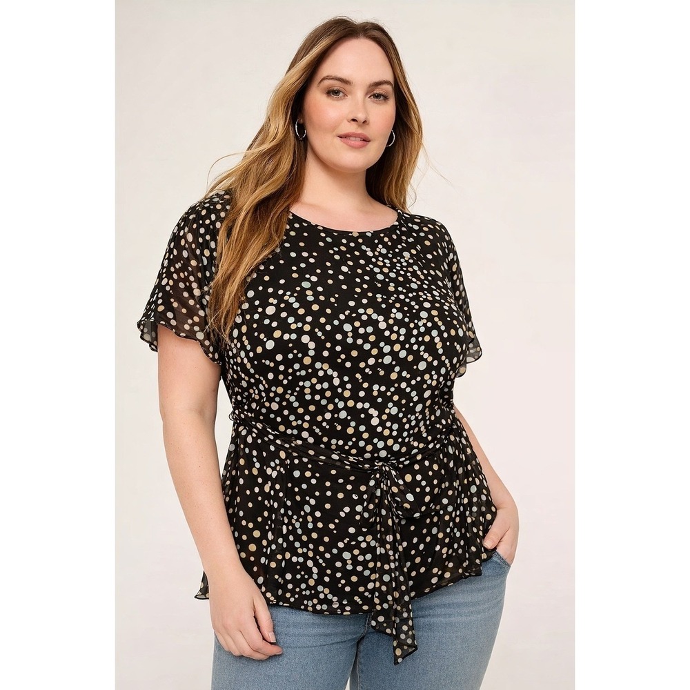 Lane Bryant Black/White Polka Dot Short Sleeve Blouse